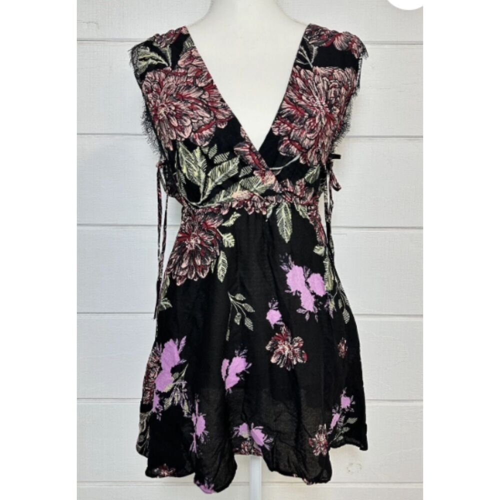 Free People Marnie Floral Plunge Tie Side Mini Dress Black/Plum Sz XS